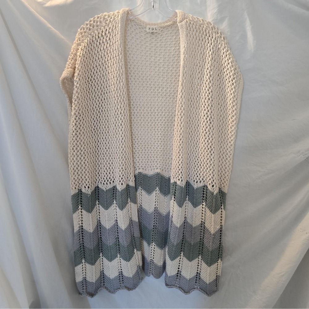 POL Open Knit Short Sleeve Cardigan Sweater Chevron Pattern Cream Green Gray L
